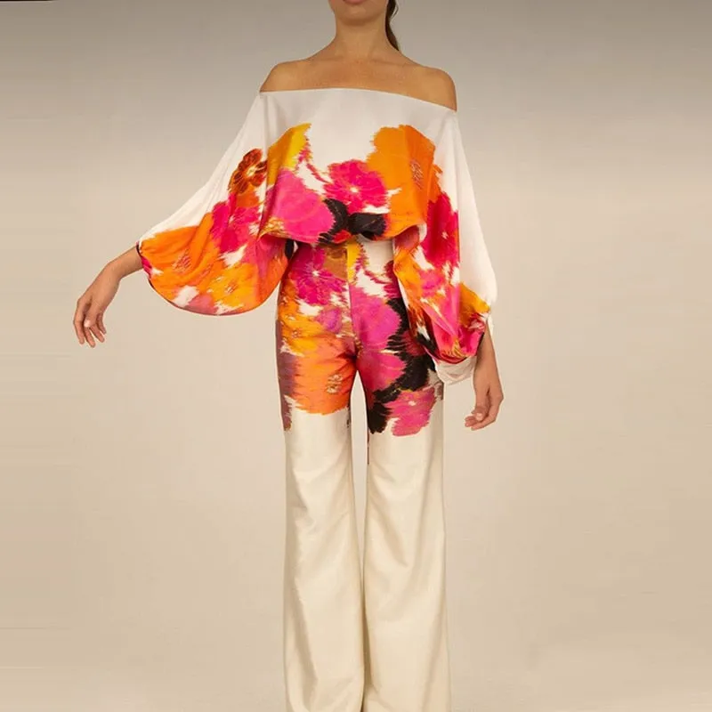 Getadme Casual Satin Commuting Suit Fashion Hollow Off Shoulder Tops With Long Pants Women 2 Piece Sets Spring Loose Print Outfits