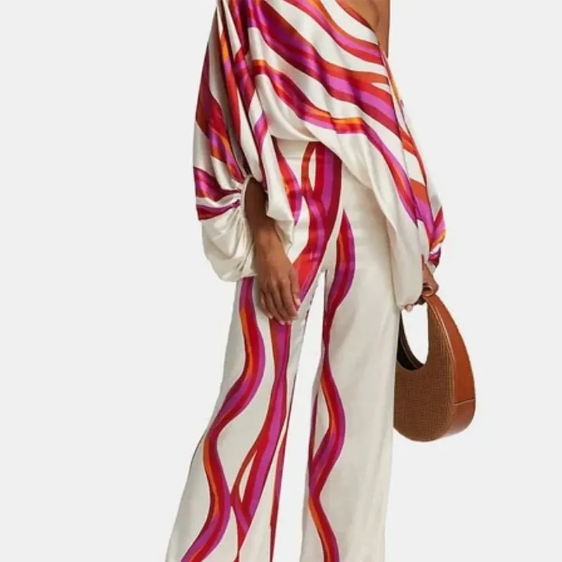 Getadme Casual Satin Commuting Suit Fashion Hollow Off Shoulder Tops With Long Pants Women 2 Piece Sets Spring Loose Print Outfits