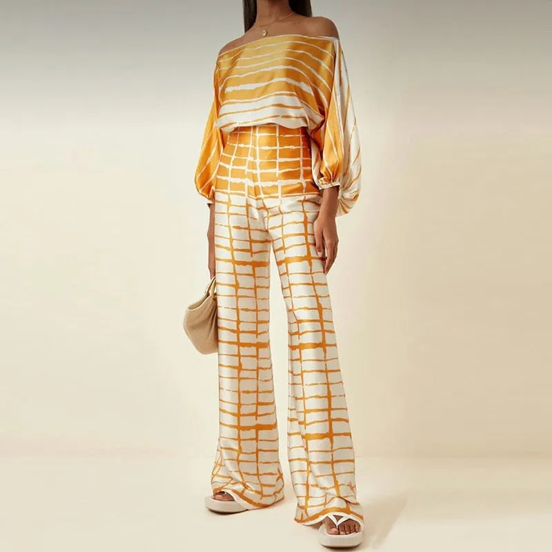 Getadme Casual Satin Commuting Suit Fashion Hollow Off Shoulder Tops With Long Pants Women 2 Piece Sets Spring Loose Print Outfits