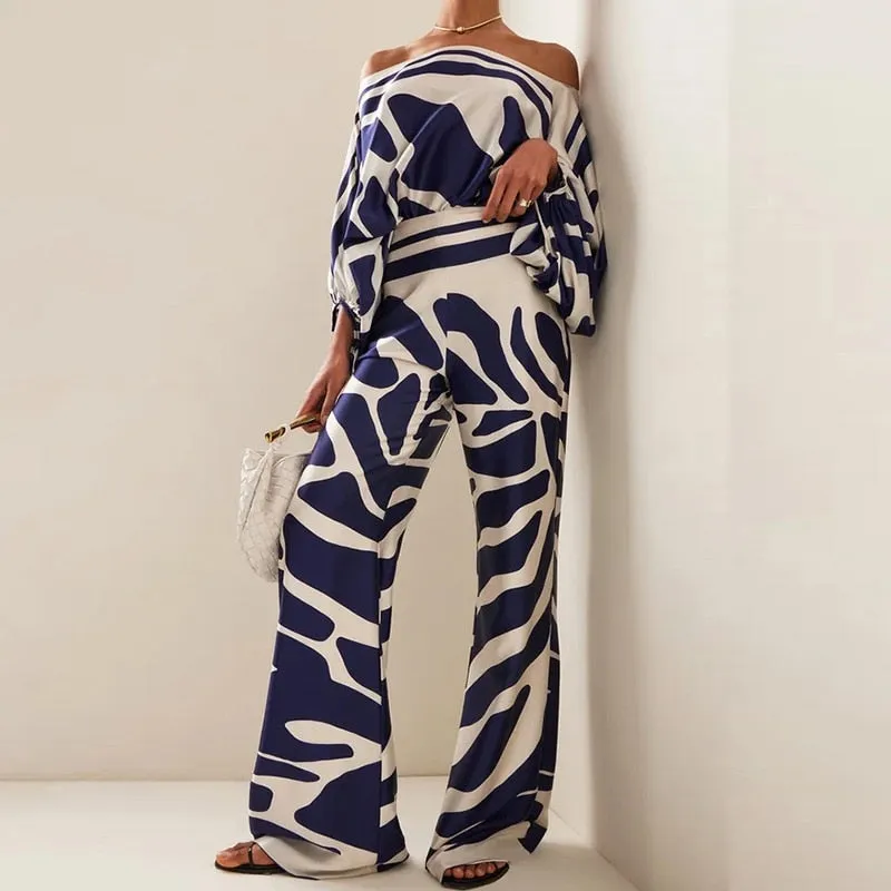Getadme Casual Satin Commuting Suit Fashion Hollow Off Shoulder Tops With Long Pants Women 2 Piece Sets Spring Loose Print Outfits
