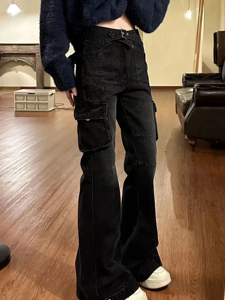 Getadme High Street Office Lady Black Flare Jeans Slim Bell Bottoms Gyaru Fashion Denim Trousers Multiple Pockets 2000s American Retro