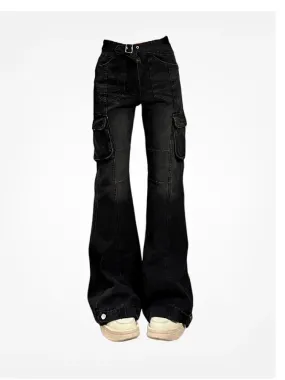 Getadme High Street Office Lady Black Flare Jeans Slim Bell Bottoms Gyaru Fashion Denim Trousers Multiple Pockets 2000s American Retro