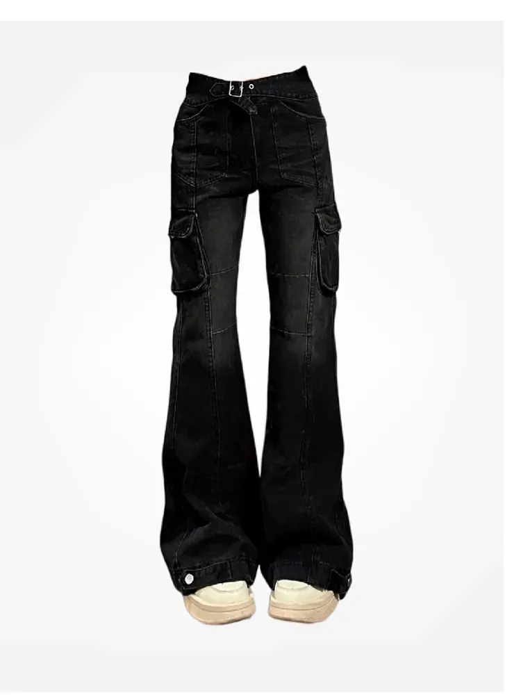 Getadme High Street Office Lady Black Flare Jeans Slim Bell Bottoms Gyaru Fashion Denim Trousers Multiple Pockets 2000s American Retro