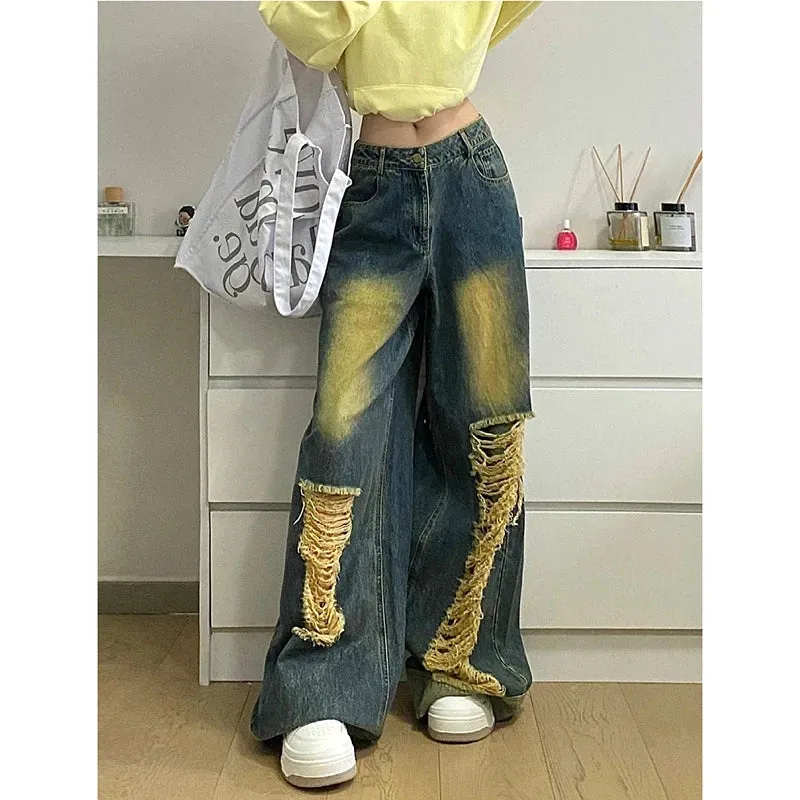 Girlary 2024 Spring Vintage Harajuku Y2K Jeans Loose Hollow Out Blue Pants Women's Wide Leg High Waist Retro Ripped Denim Trouser