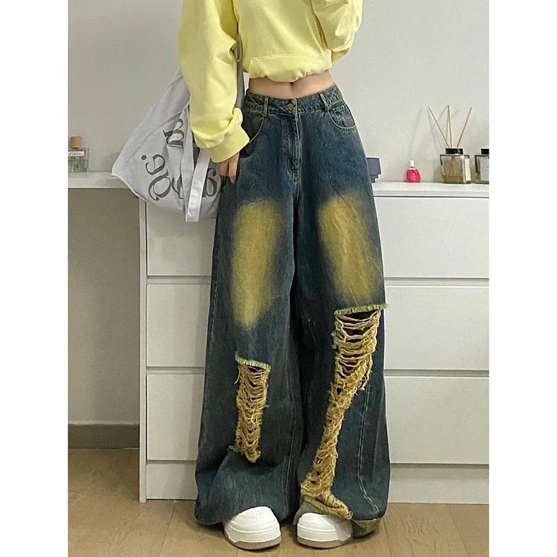 Girlary 2024 Spring Vintage Harajuku Y2K Jeans Loose Hollow Out Blue Pants Women's Wide Leg High Waist Retro Ripped Denim Trouser
