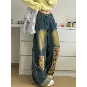 Girlary 2024 Spring Vintage Harajuku Y2K Jeans Loose Hollow Out Blue Pants Women's Wide Leg High Waist Retro Ripped Denim Trouser