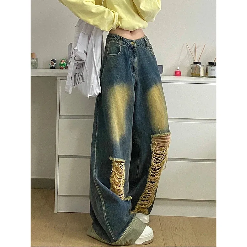 Girlary 2024 Spring Vintage Harajuku Y2K Jeans Loose Hollow Out Blue Pants Women's Wide Leg High Waist Retro Ripped Denim Trouser
