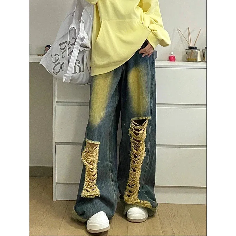 Girlary 2024 Spring Vintage Harajuku Y2K Jeans Loose Hollow Out Blue Pants Women's Wide Leg High Waist Retro Ripped Denim Trouser