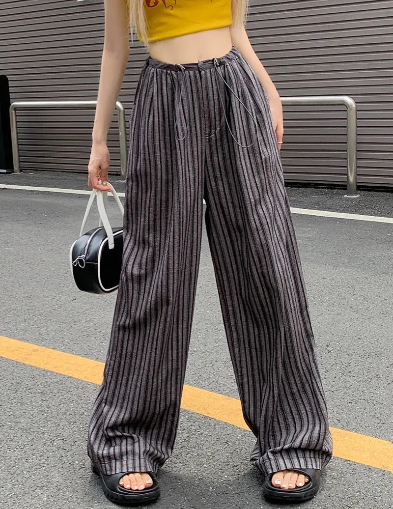 Girlary 3Colors Korean Women 2024 Summer Casual Thin High Waist Striped Straight Pants Female Wide Leg Long Trousers Womens (L5123