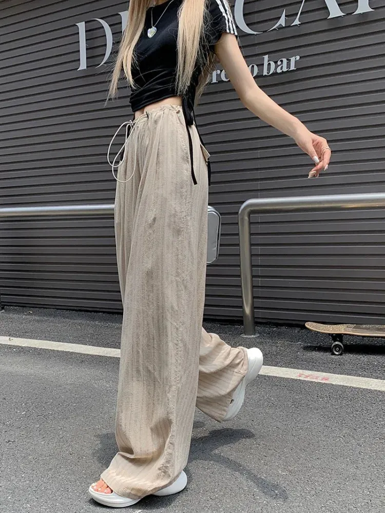 Girlary 3Colors Korean Women 2024 Summer Casual Thin High Waist Striped Straight Pants Female Wide Leg Long Trousers Womens (L5123