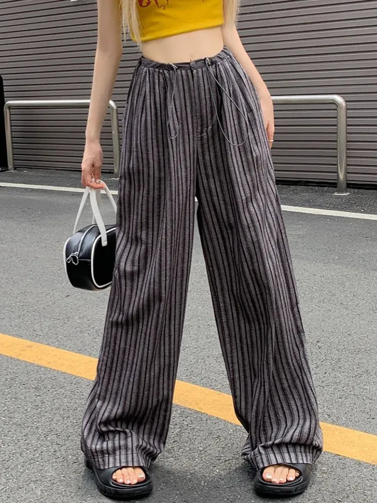 Girlary 3Colors Korean Women 2024 Summer Casual Thin High Waist Striped Straight Pants Female Wide Leg Long Trousers Womens (L5123