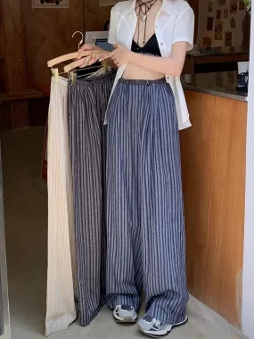 Girlary 3Colors Korean Women 2024 Summer Casual Thin High Waist Striped Straight Pants Female Wide Leg Long Trousers Womens (L5123