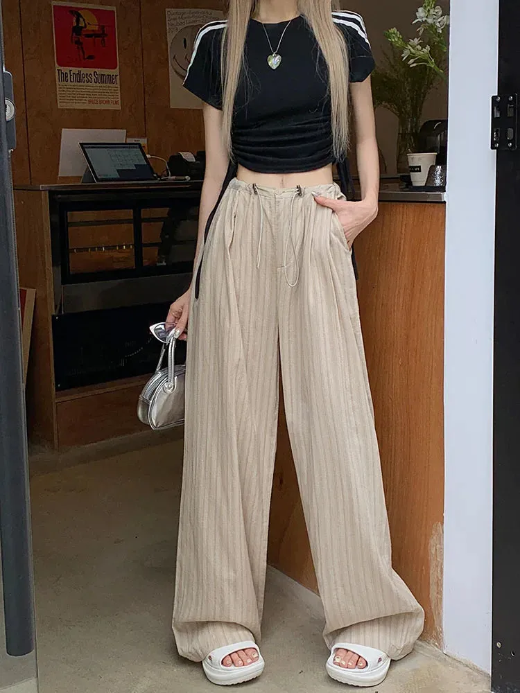 Girlary 3Colors Korean Women 2024 Summer Casual Thin High Waist Striped Straight Pants Female Wide Leg Long Trousers Womens (L5123