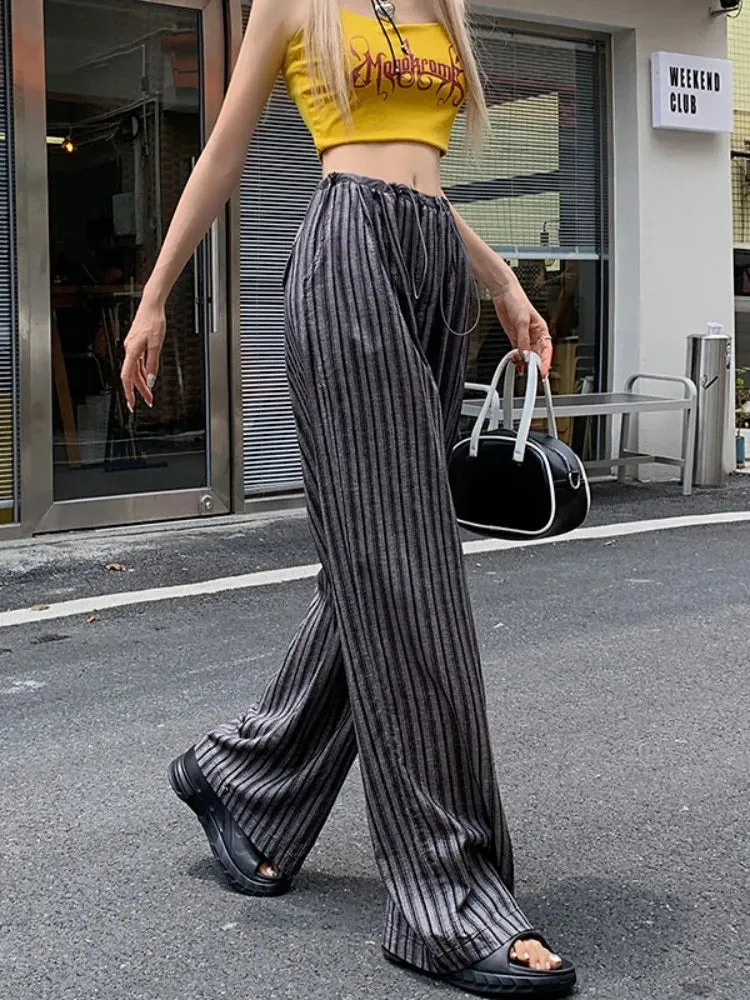 Girlary 3Colors Korean Women 2024 Summer Casual Thin High Waist Striped Straight Pants Female Wide Leg Long Trousers Womens (L5123