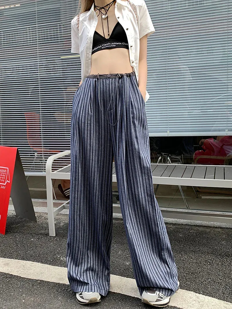 Girlary 3Colors Korean Women 2024 Summer Casual Thin High Waist Striped Straight Pants Female Wide Leg Long Trousers Womens (L5123