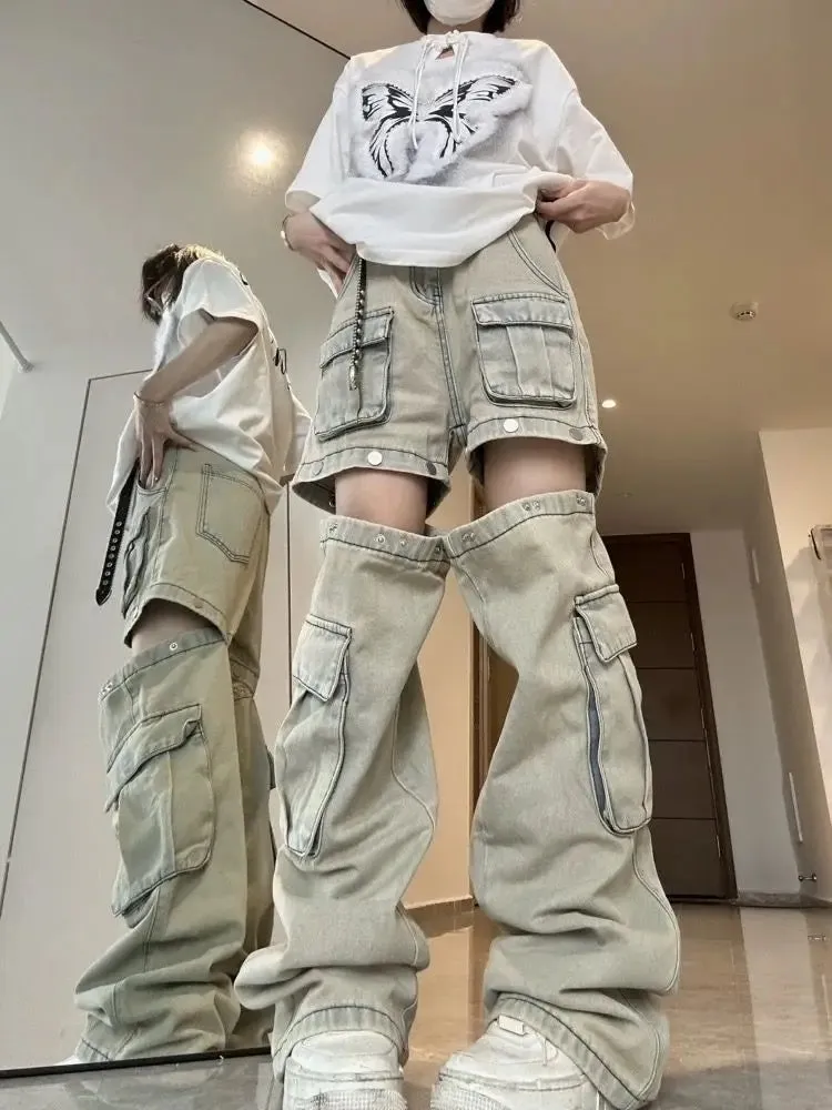 Girlary American New Detachable Design Sense Tooling Jeans Female Y2K Fashion Gothic Retro High Street Straight Small Vibe Waisted Pants