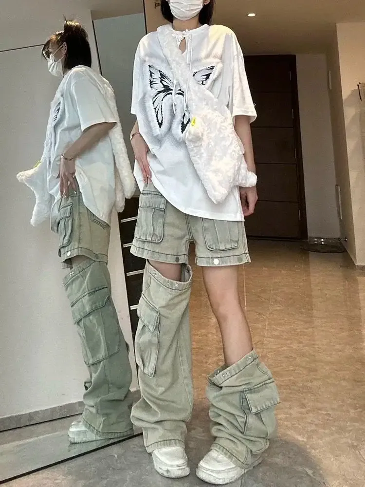 Girlary American New Detachable Design Sense Tooling Jeans Female Y2K Fashion Gothic Retro High Street Straight Small Vibe Waisted Pants