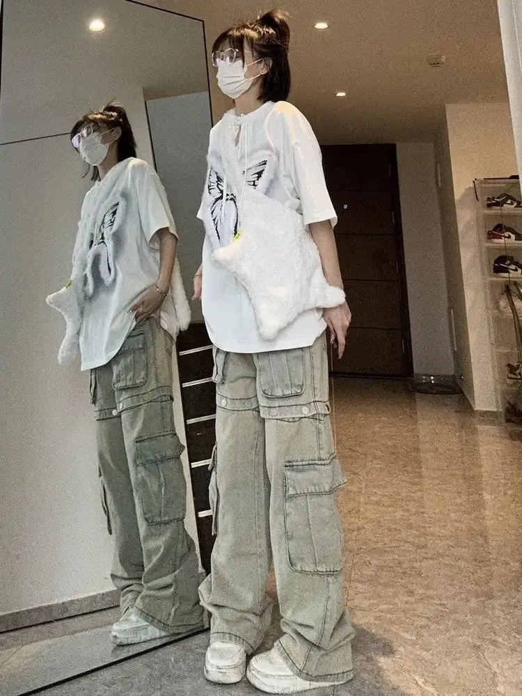 Girlary American New Detachable Design Sense Tooling Jeans Female Y2K Fashion Gothic Retro High Street Straight Small Vibe Waisted Pants