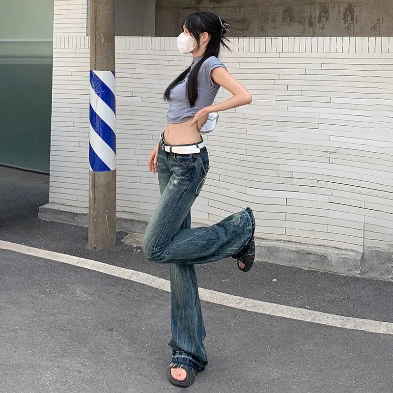 Girlary American Style High Street Spicy Girl Sexy Vintage Trend Low Waisted Micro Horn Jeans Women's Button Zippered Pockets Long Pants