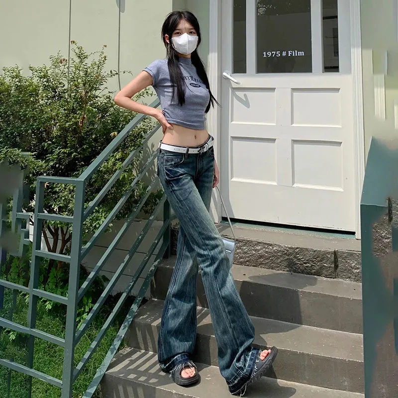 Girlary American Style High Street Spicy Girl Sexy Vintage Trend Low Waisted Micro Horn Jeans Women's Button Zippered Pockets Long Pants