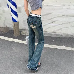 Girlary American Style High Street Spicy Girl Sexy Vintage Trend Low Waisted Micro Horn Jeans Women's Button Zippered Pockets Long Pants
