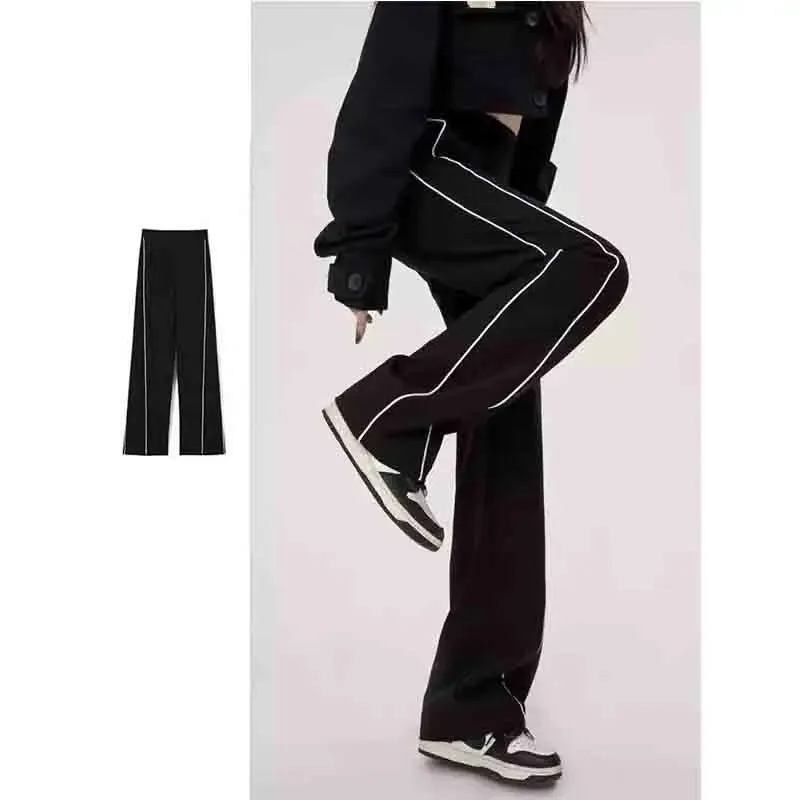 Girlary Autumn Korean Street Fashion Wide Leg Pants Women Solid Patchwork Stripe Pocket Loose Versatile High Waist Straight Sports Pants
