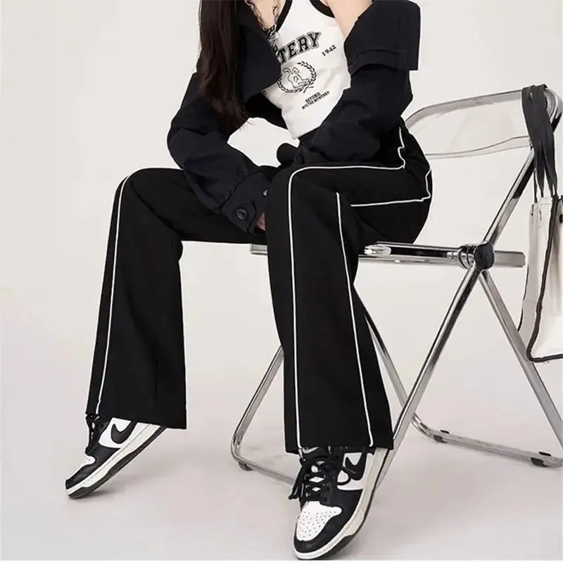 Girlary Autumn Korean Street Fashion Wide Leg Pants Women Solid Patchwork Stripe Pocket Loose Versatile High Waist Straight Sports Pants