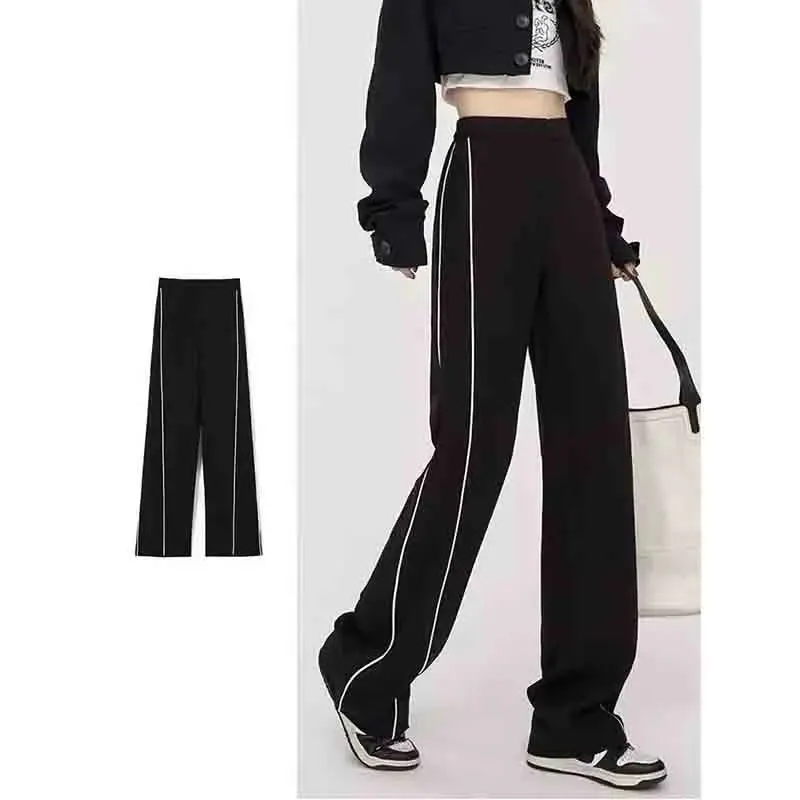 Girlary Autumn Korean Street Fashion Wide Leg Pants Women Solid Patchwork Stripe Pocket Loose Versatile High Waist Straight Sports Pants