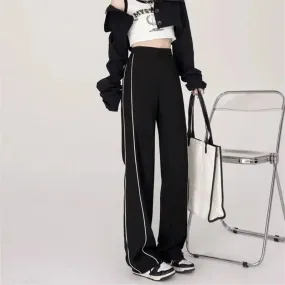 Girlary Autumn Korean Street Fashion Wide Leg Pants Women Solid Patchwork Stripe Pocket Loose Versatile High Waist Straight Sports Pants