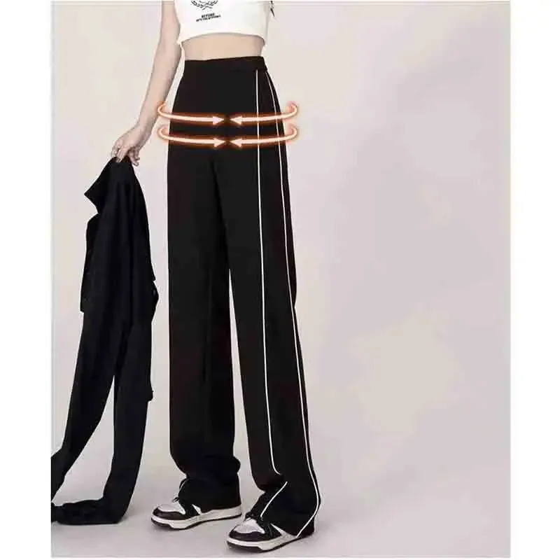 Girlary Autumn Korean Street Fashion Wide Leg Pants Women Solid Patchwork Stripe Pocket Loose Versatile High Waist Straight Sports Pants