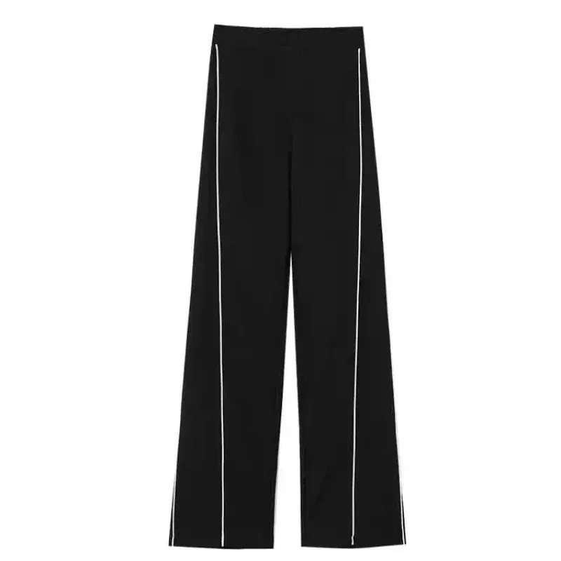 Girlary Autumn Korean Street Fashion Wide Leg Pants Women Solid Patchwork Stripe Pocket Loose Versatile High Waist Straight Sports Pants