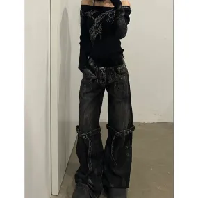 Girlary Black Women's Jeans High Waist Hip Hop Straight Fashion Pants Streetwear Harajuku Y2K Star 2024 Female Wide Leg Denim Trouser