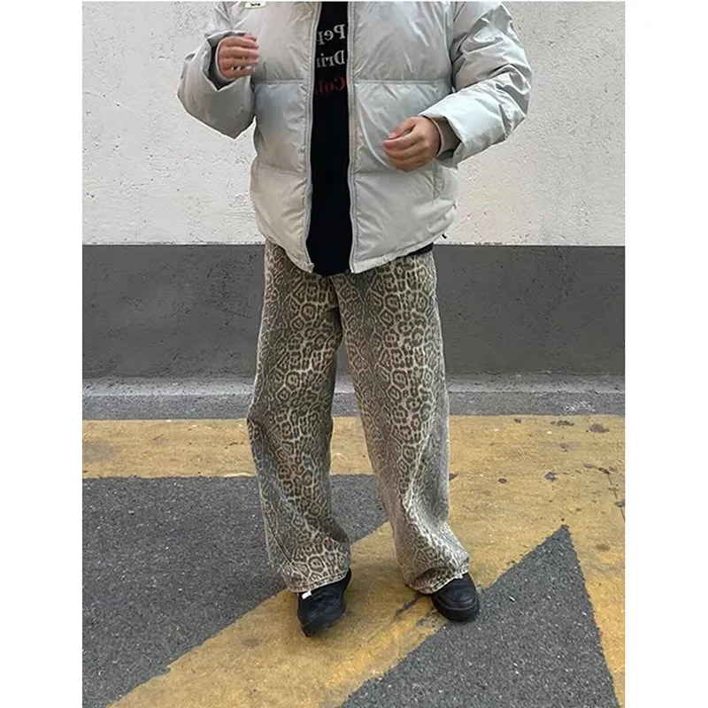 Girlary Brown Women's Jeans High Waist Leopard Print Straight Fashion Pants Streetwear Harajuku Y2K Vintage Female Wide Leg Denim Trouse