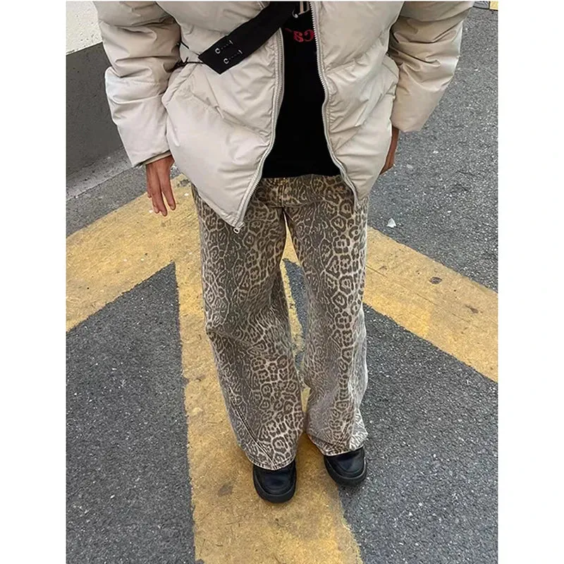 Girlary Brown Women's Jeans High Waist Leopard Print Straight Fashion Pants Streetwear Harajuku Y2K Vintage Female Wide Leg Denim Trouse