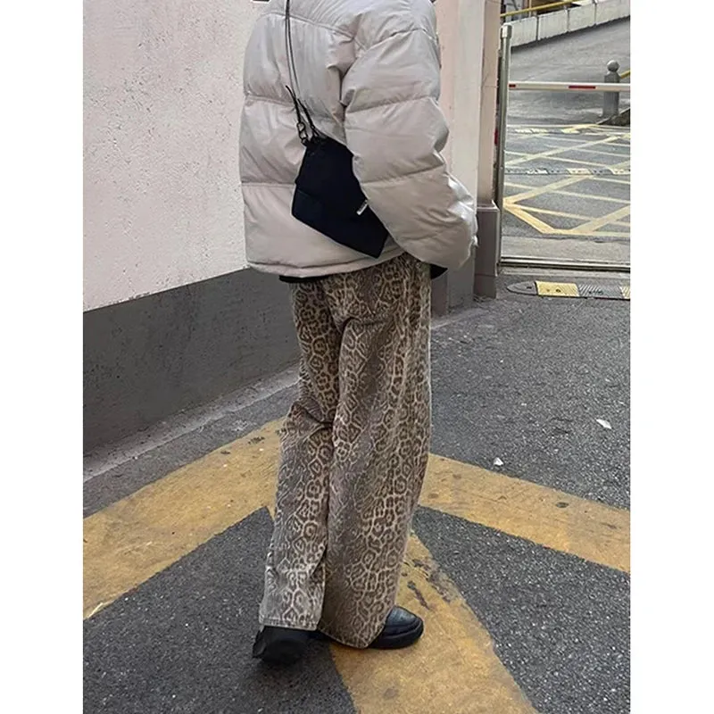 Girlary Brown Women's Jeans High Waist Leopard Print Straight Fashion Pants Streetwear Harajuku Y2K Vintage Female Wide Leg Denim Trouse