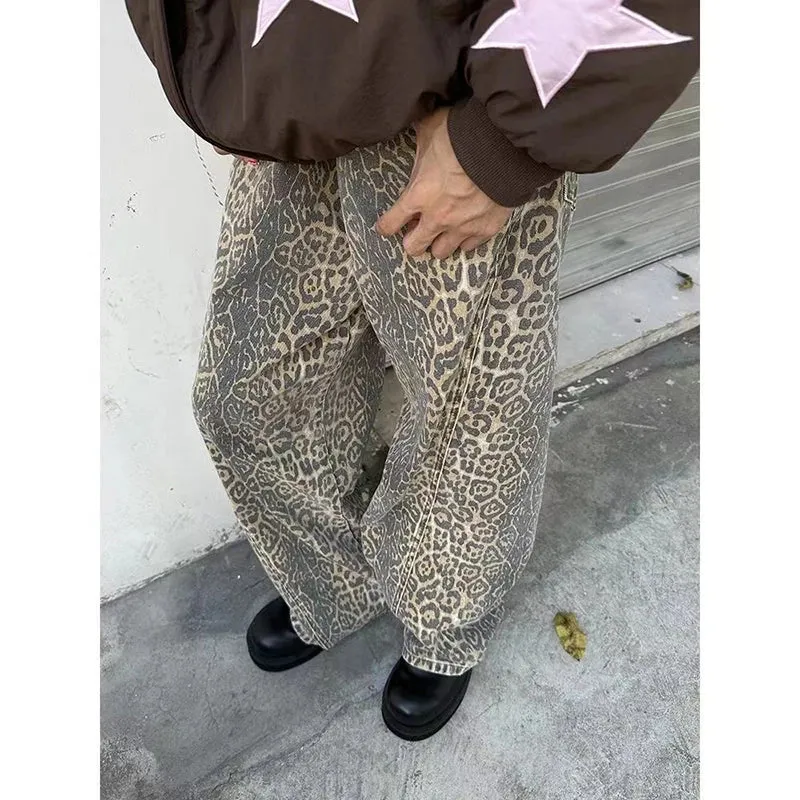 Girlary Brown Women's Jeans High Waist Leopard Print Straight Fashion Pants Streetwear Harajuku Y2K Vintage Female Wide Leg Denim Trouse
