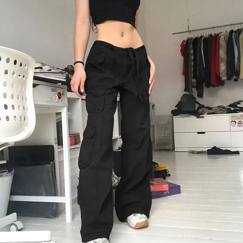 Girlary Button Low Waist Y2K Denim Pants Women Pockets Stitching Straight Cargo Pants Vintage Casual Gray Streetwear Jeans