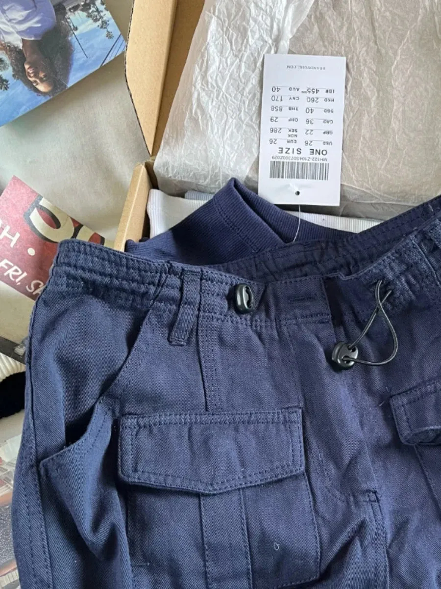 Girlary Drawstring Pocket Navy Cargo Pants Women Four Season Solid Elastic High Waist Straight Pants Retro Streetwear Y2k Trousers