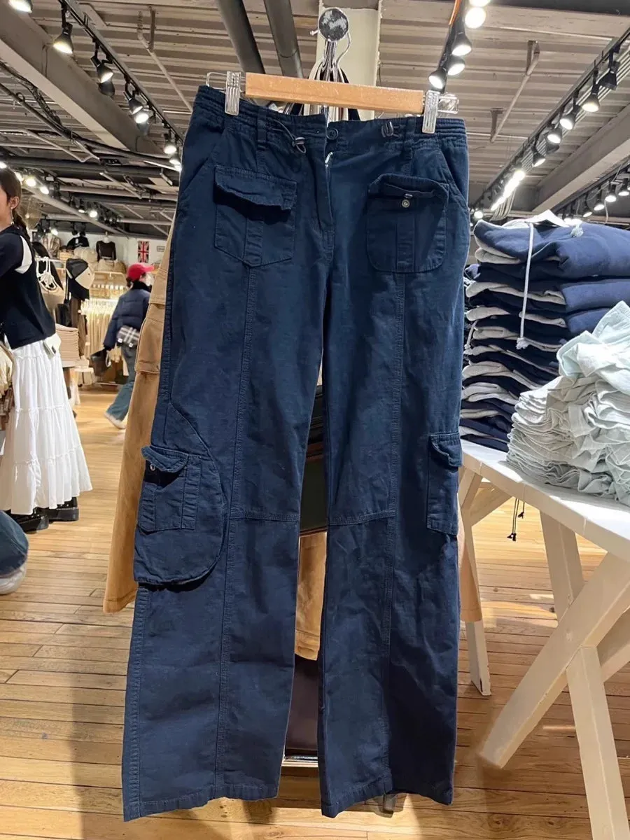 Girlary Drawstring Pocket Navy Cargo Pants Women Four Season Solid Elastic High Waist Straight Pants Retro Streetwear Y2k Trousers