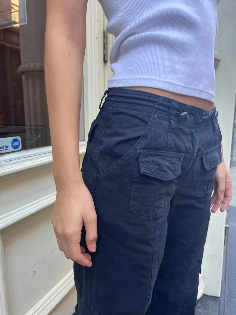Girlary Drawstring Pocket Navy Cargo Pants Women Four Season Solid Elastic High Waist Straight Pants Retro Streetwear Y2k Trousers