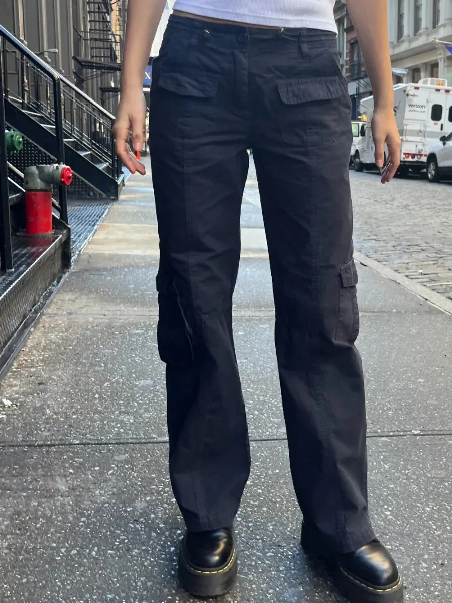 Girlary Drawstring Pocket Navy Cargo Pants Women Four Season Solid Elastic High Waist Straight Pants Retro Streetwear Y2k Trousers