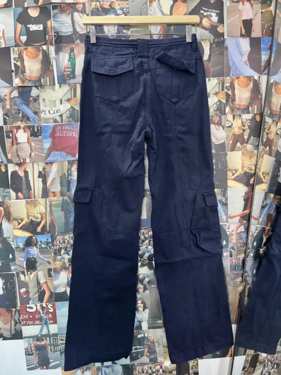 Girlary Drawstring Pocket Navy Cargo Pants Women Four Season Solid Elastic High Waist Straight Pants Retro Streetwear Y2k Trousers