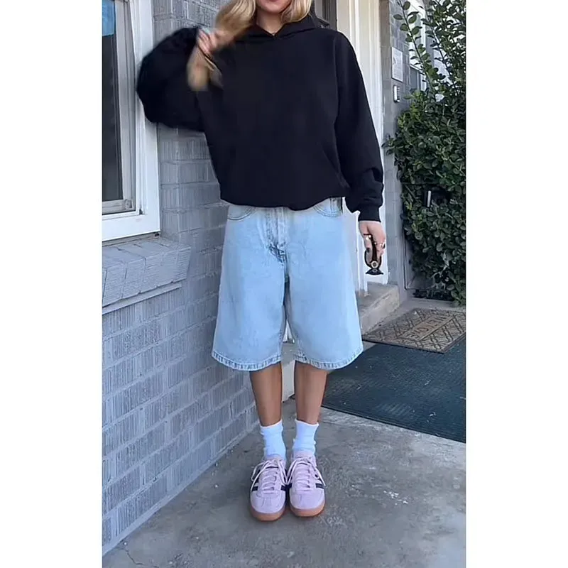 Girlary Fashion Harajuku Vintage High Waist 2000S Blue Denim Shorts Women's Casual Loose Fit Y2K Punk Streetwear Style Baggy Shorts