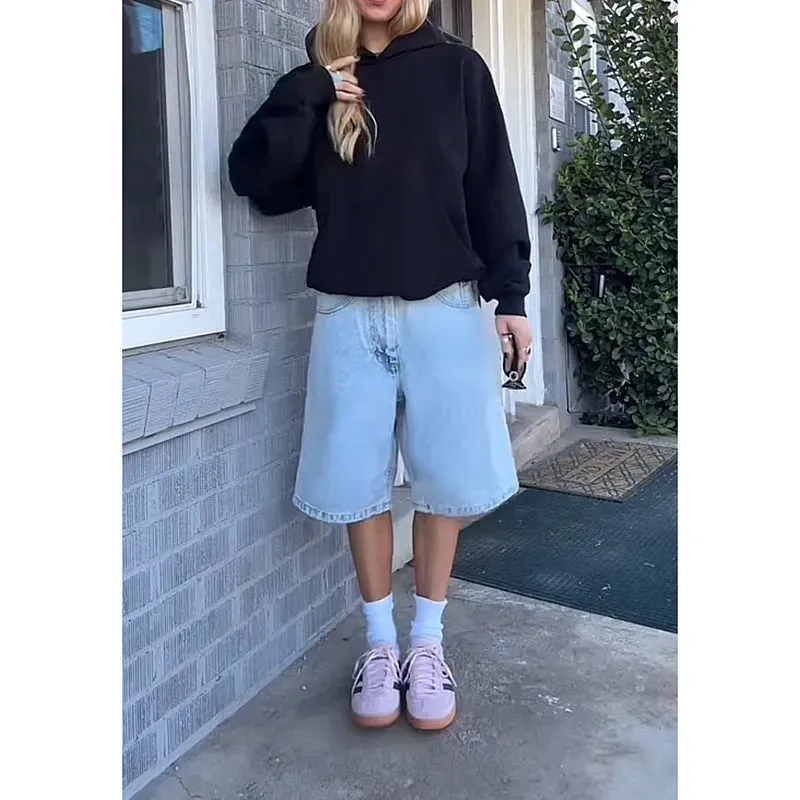 Girlary Fashion Harajuku Vintage High Waist 2000S Blue Denim Shorts Women's Casual Loose Fit Y2K Punk Streetwear Style Baggy Shorts
