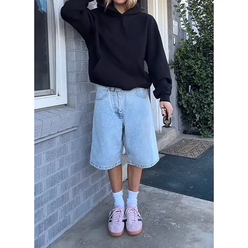 Girlary Fashion Harajuku Vintage High Waist 2000S Blue Denim Shorts Women's Casual Loose Fit Y2K Punk Streetwear Style Baggy Shorts