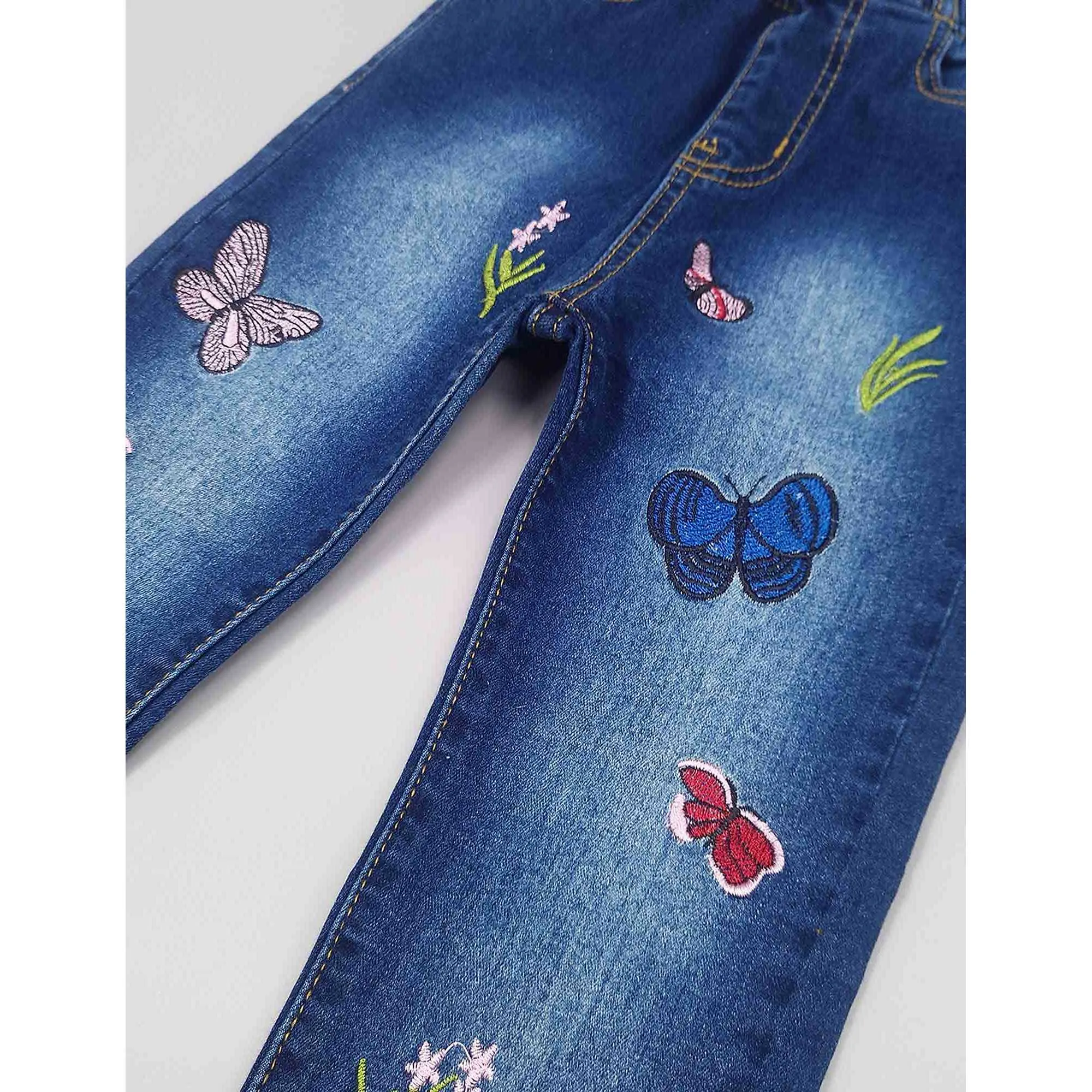 Girls Butterfly Grass Embroidered Slim Jeans Floral Pants