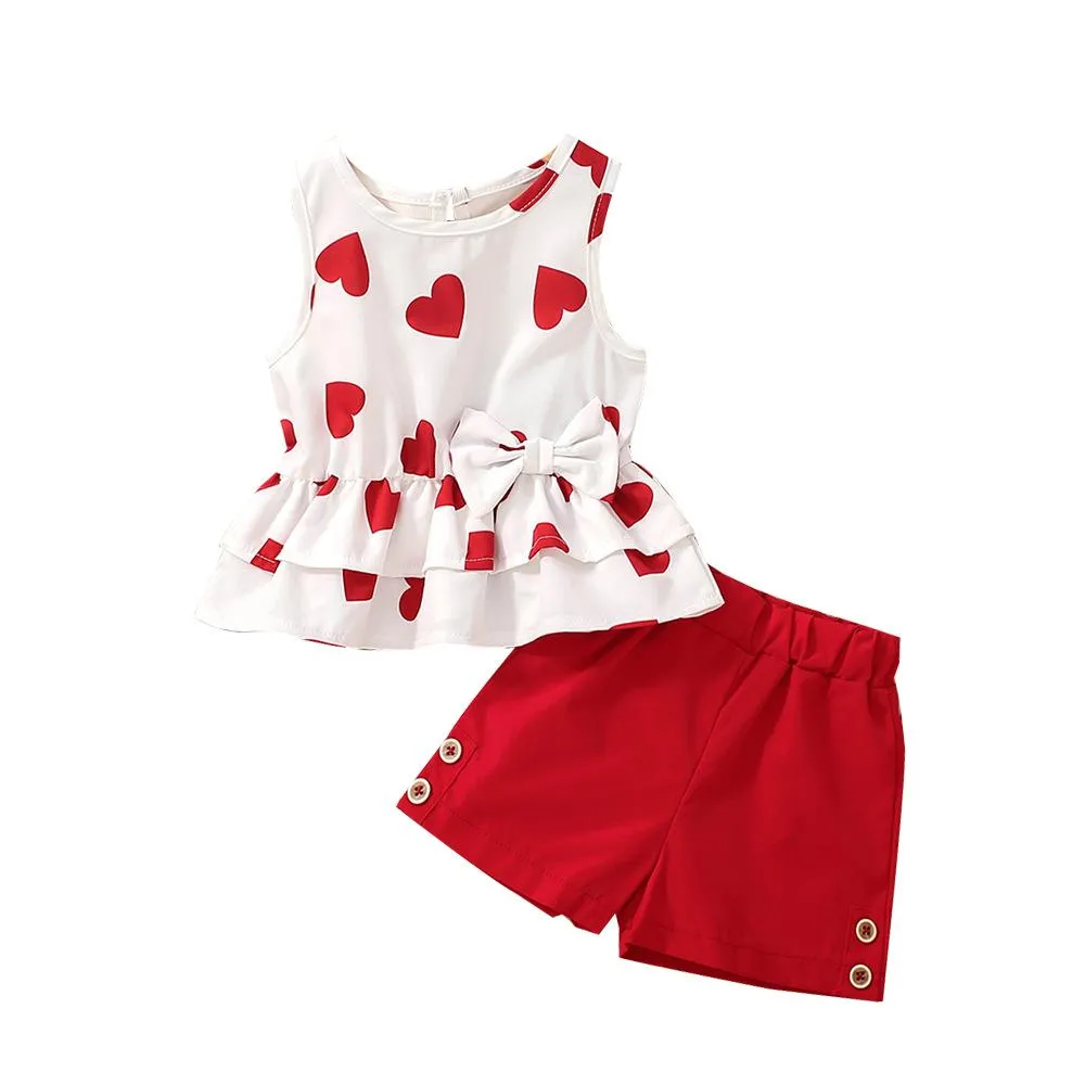 Girls Summer Love Sleeveless Vest Shorts Two-piece Suit Wholesale