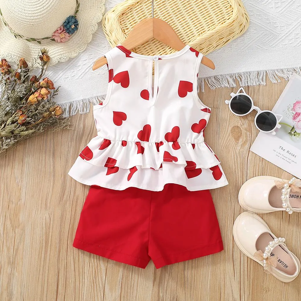 Girls Summer Love Sleeveless Vest Shorts Two-piece Suit Wholesale