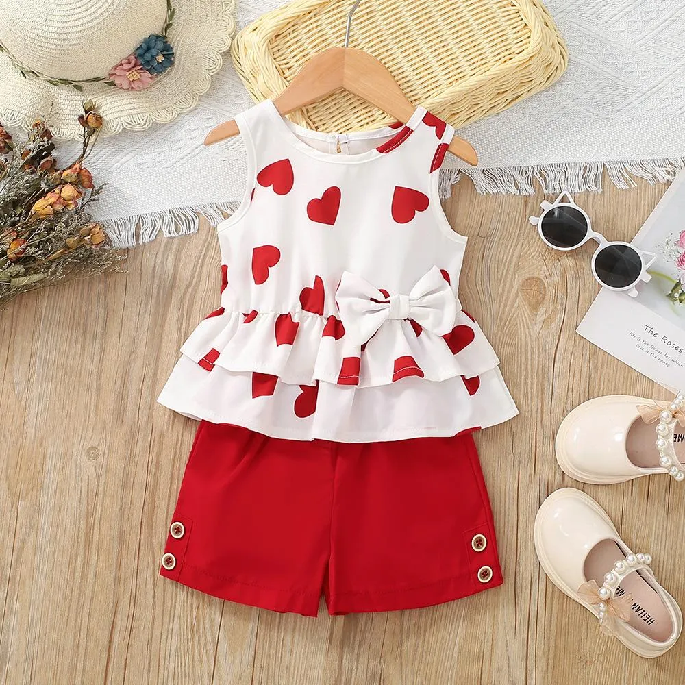 Girls Summer Love Sleeveless Vest Shorts Two-piece Suit Wholesale
