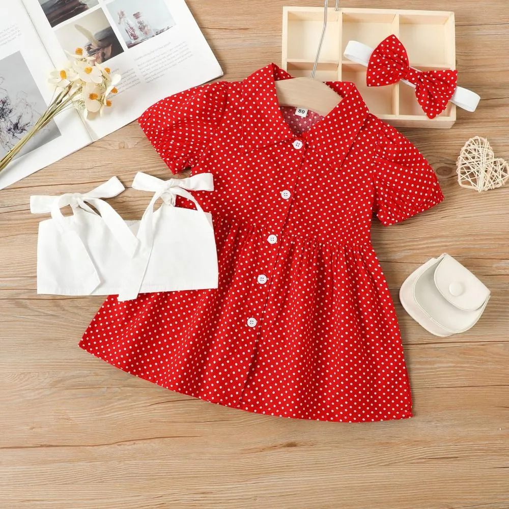 Girls Summer Polka-dot Dress   Headband   Halter Vest Set Wholesale Girl Boutique Clothing